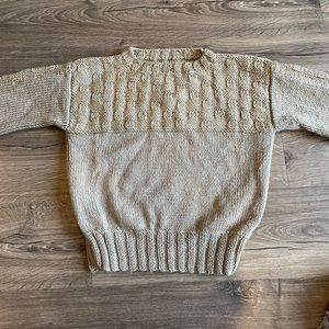 Hand knit girls sweater, size 10. Light khaki with gold